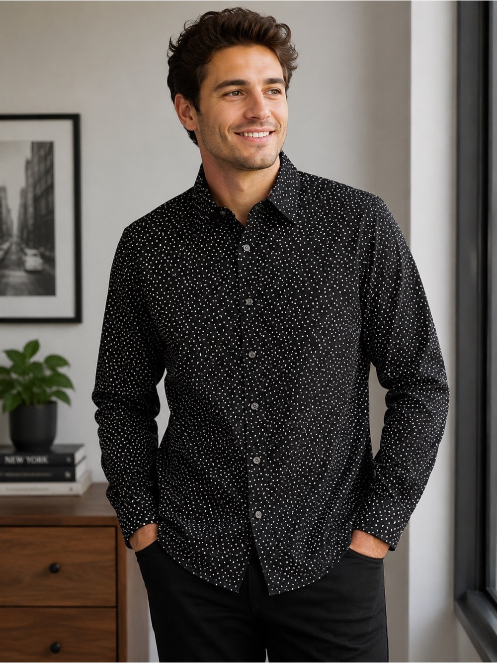 JF J. Ferrar Men’s Black White Dot Slim Fit Button Down Shirt L NWOT